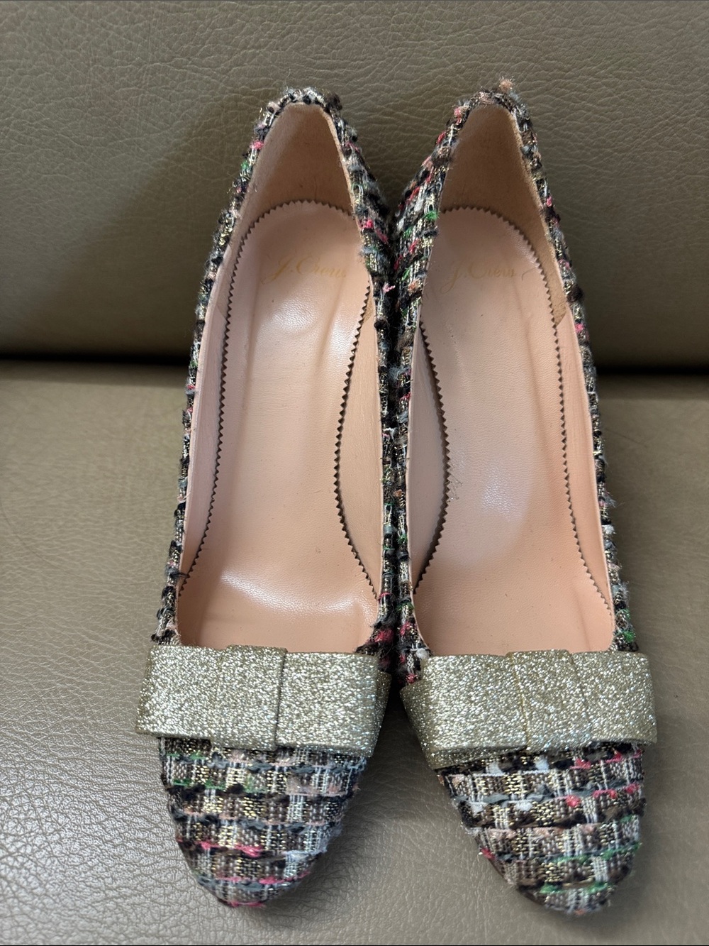 J.Crew Vintage Tweed Block Heel Pumps with Glitter Bow - Multicolor